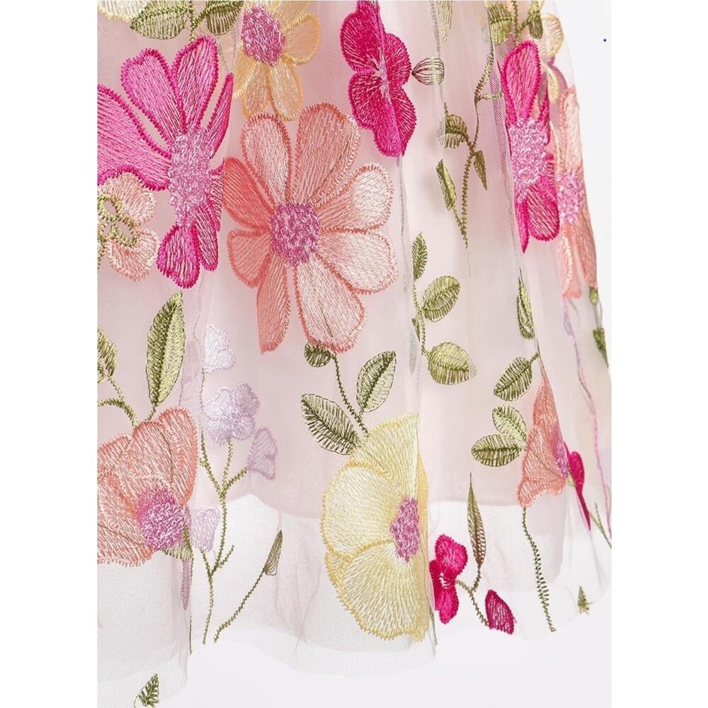 Girls Velvet Dress Floral Embroidery Tulle with Bowknot Headband, Pink Size 9-10 - Picture 5 of 5